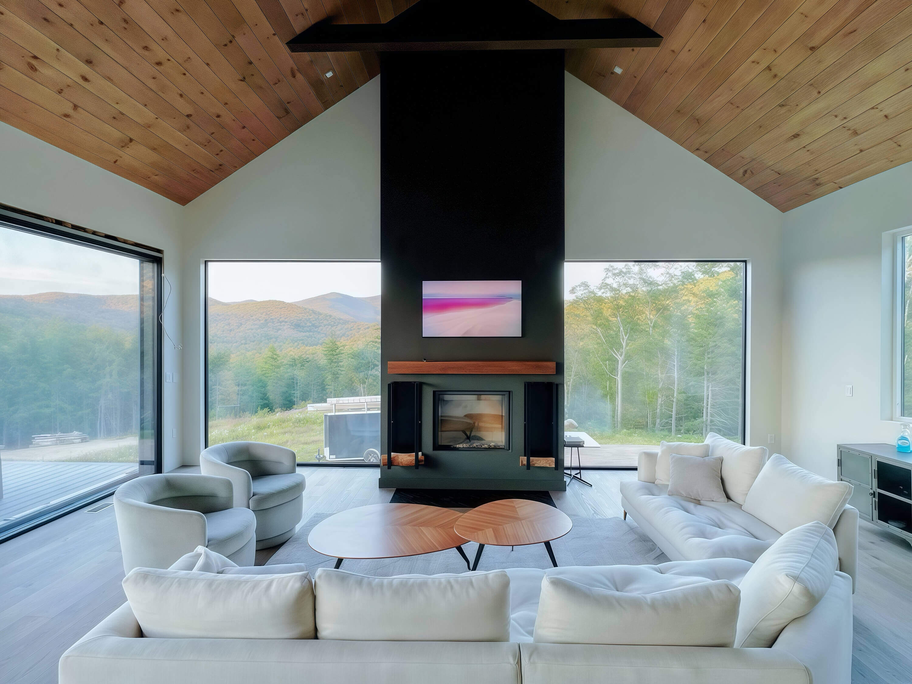 Bright living room with mountain views and central fireplace in modern ski cabin.