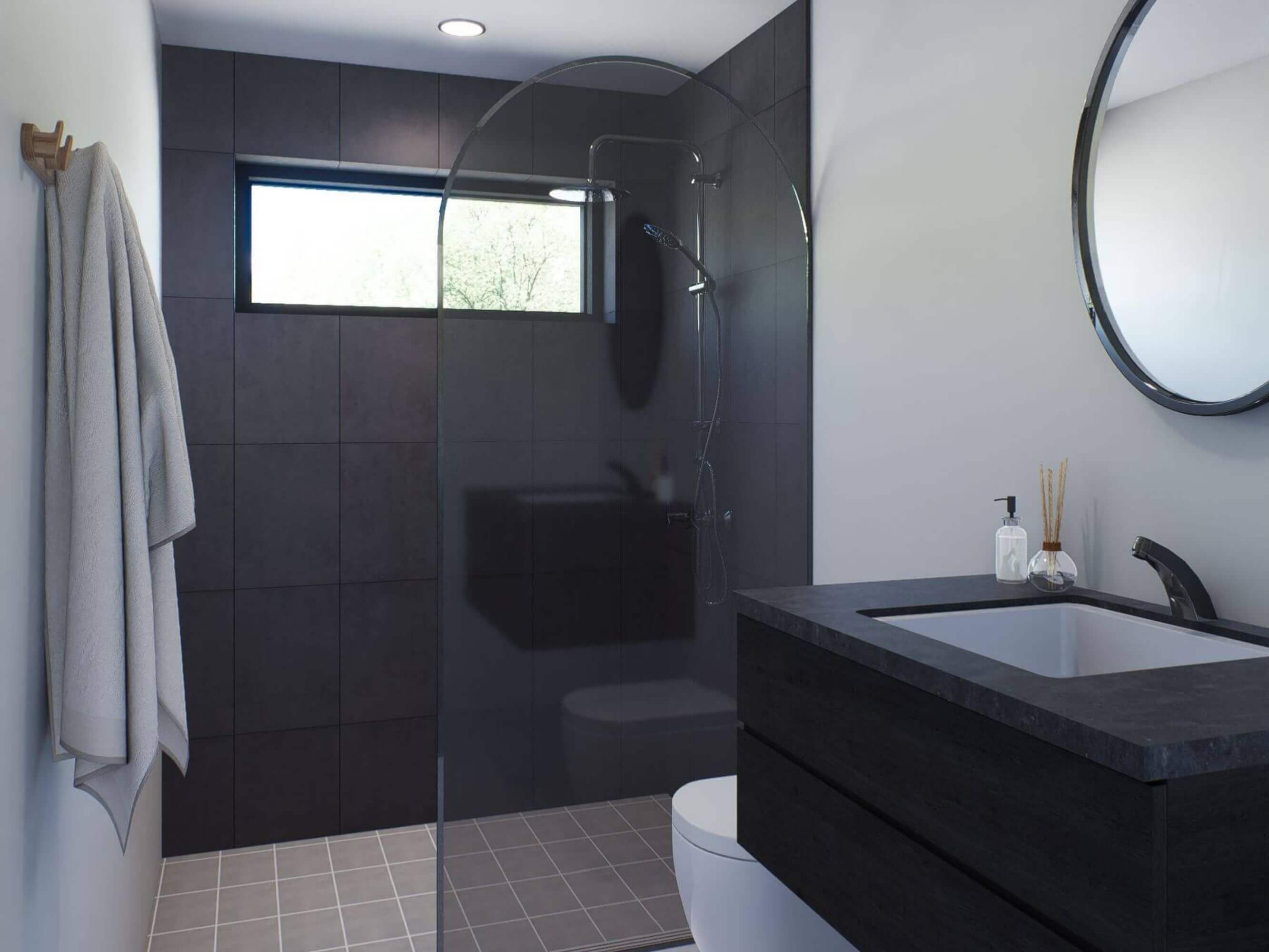 Bathroom with Black Shower Accent Wall Tiles and Black Vanity Cabinet