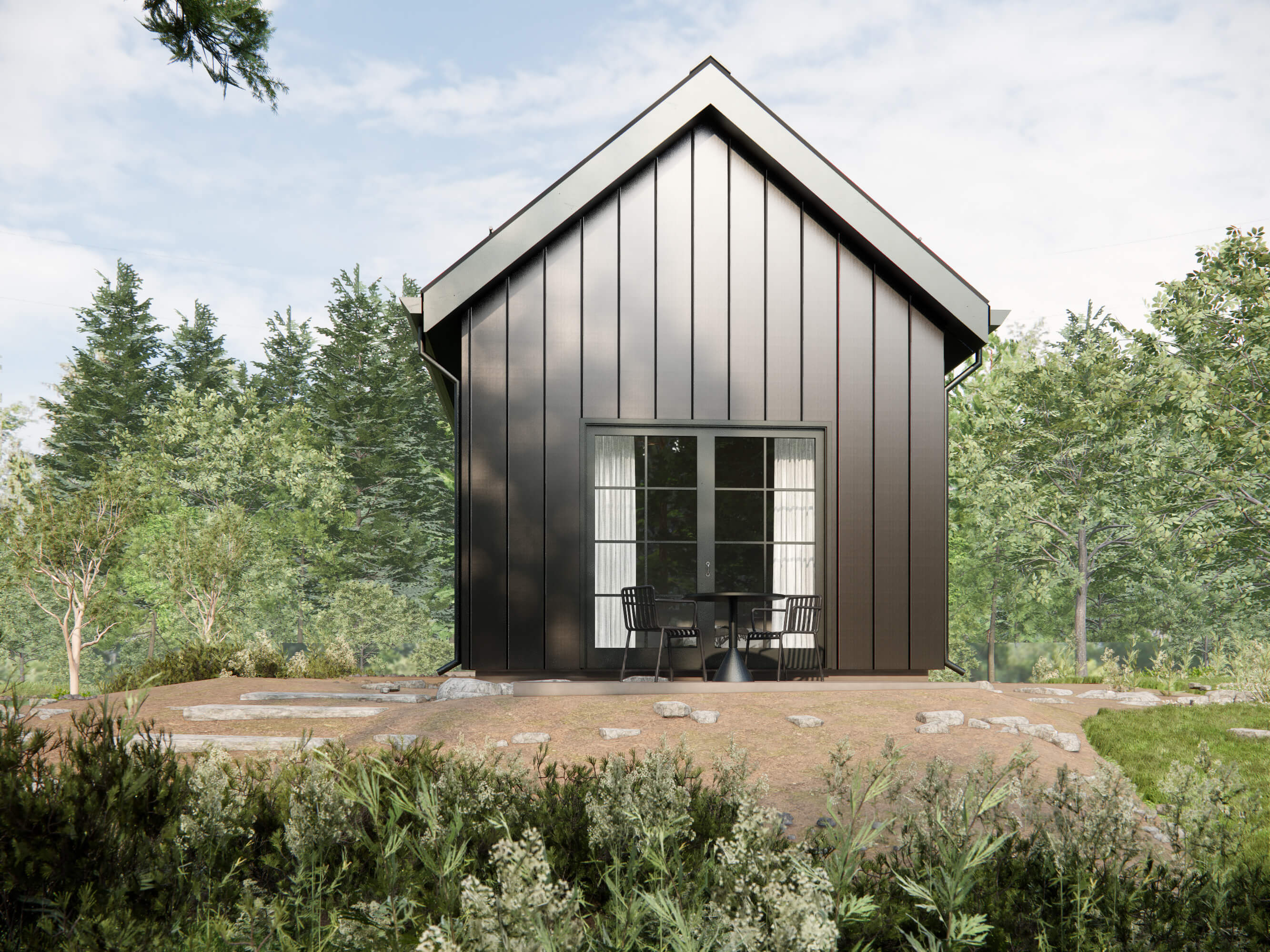 Bedroom deck area, black modern accessory dwelling unit design