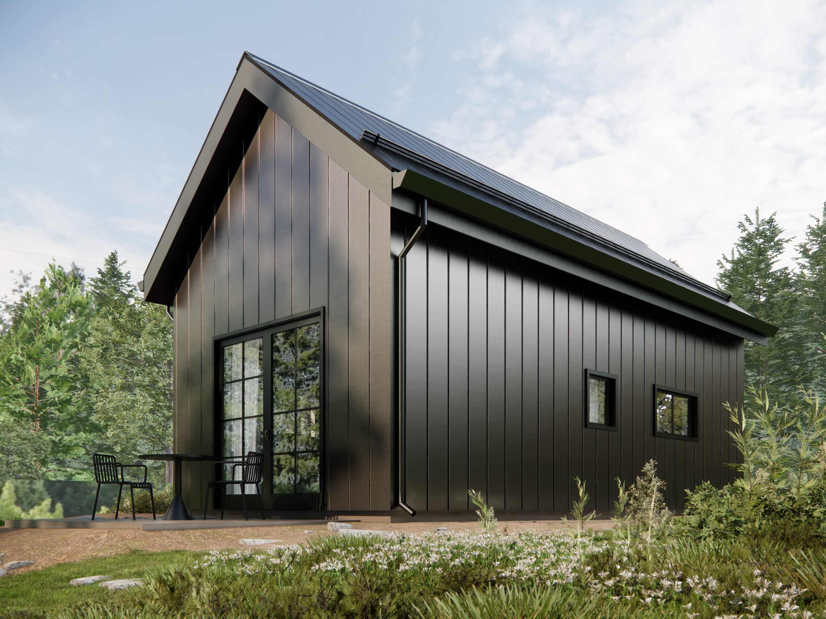Design with Frank's ADU Exterior. Black toned house in Standing Metal Seam Roof and Siding. Secondary House option. Guest house black siding - micro cabin plan