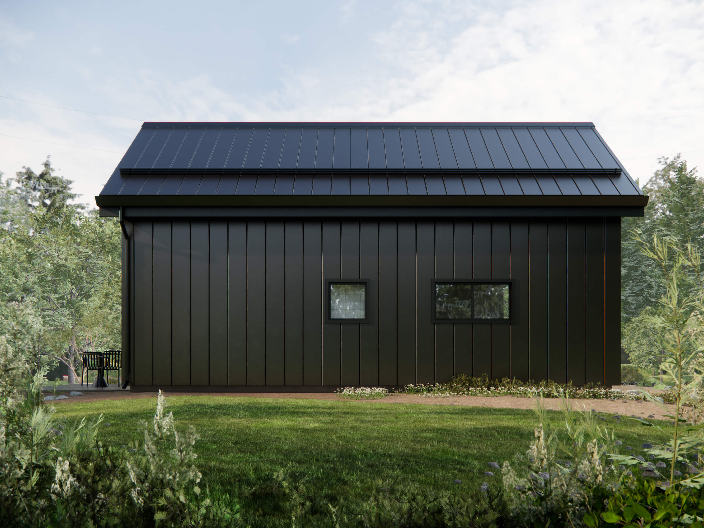 Design with Frank's ADU Exterior. Black toned house in Standing Metal Seam Roof and Siding. Secondary House instead of garage