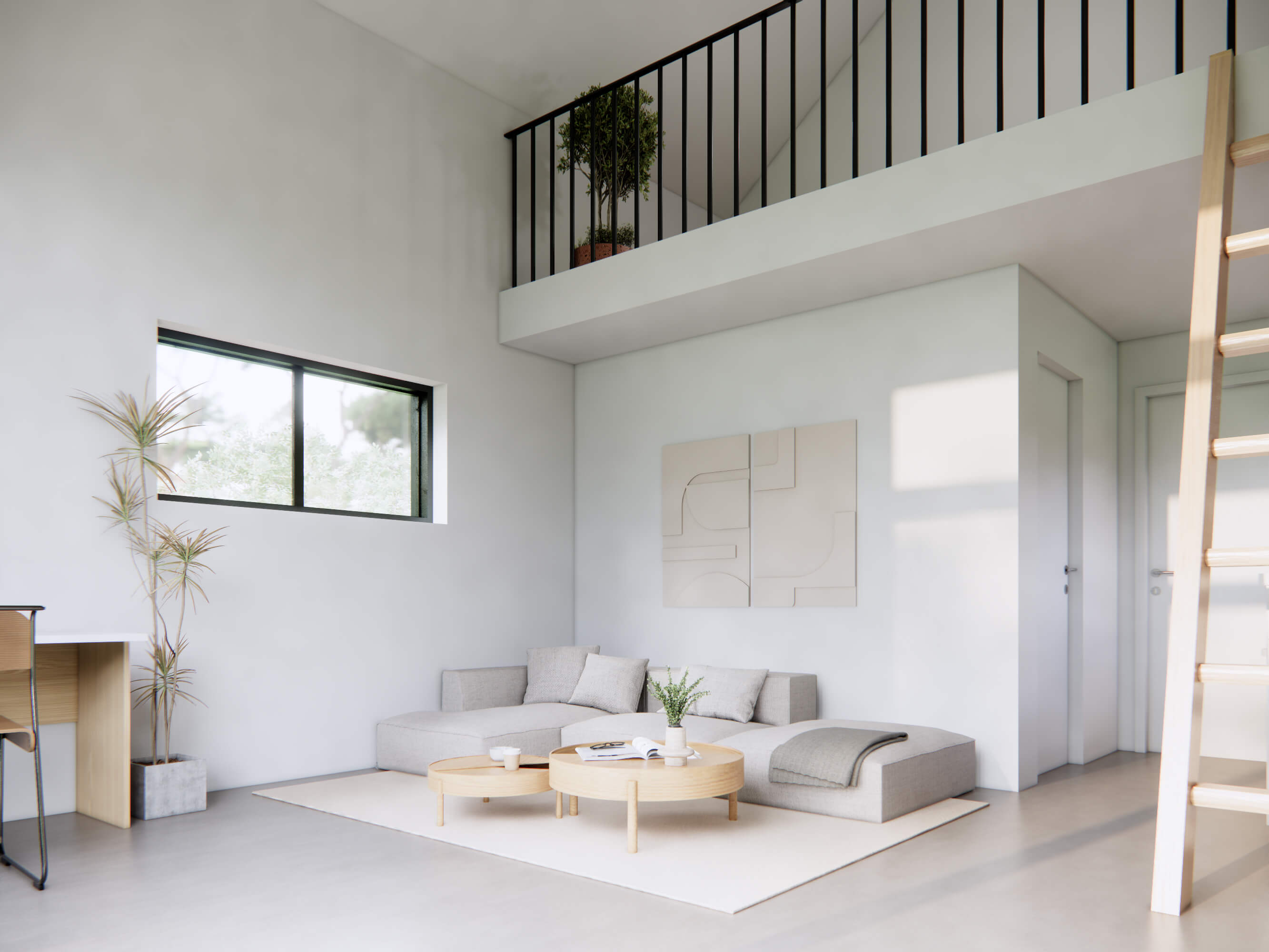 Living area with potential dining space in the micro cabin plan