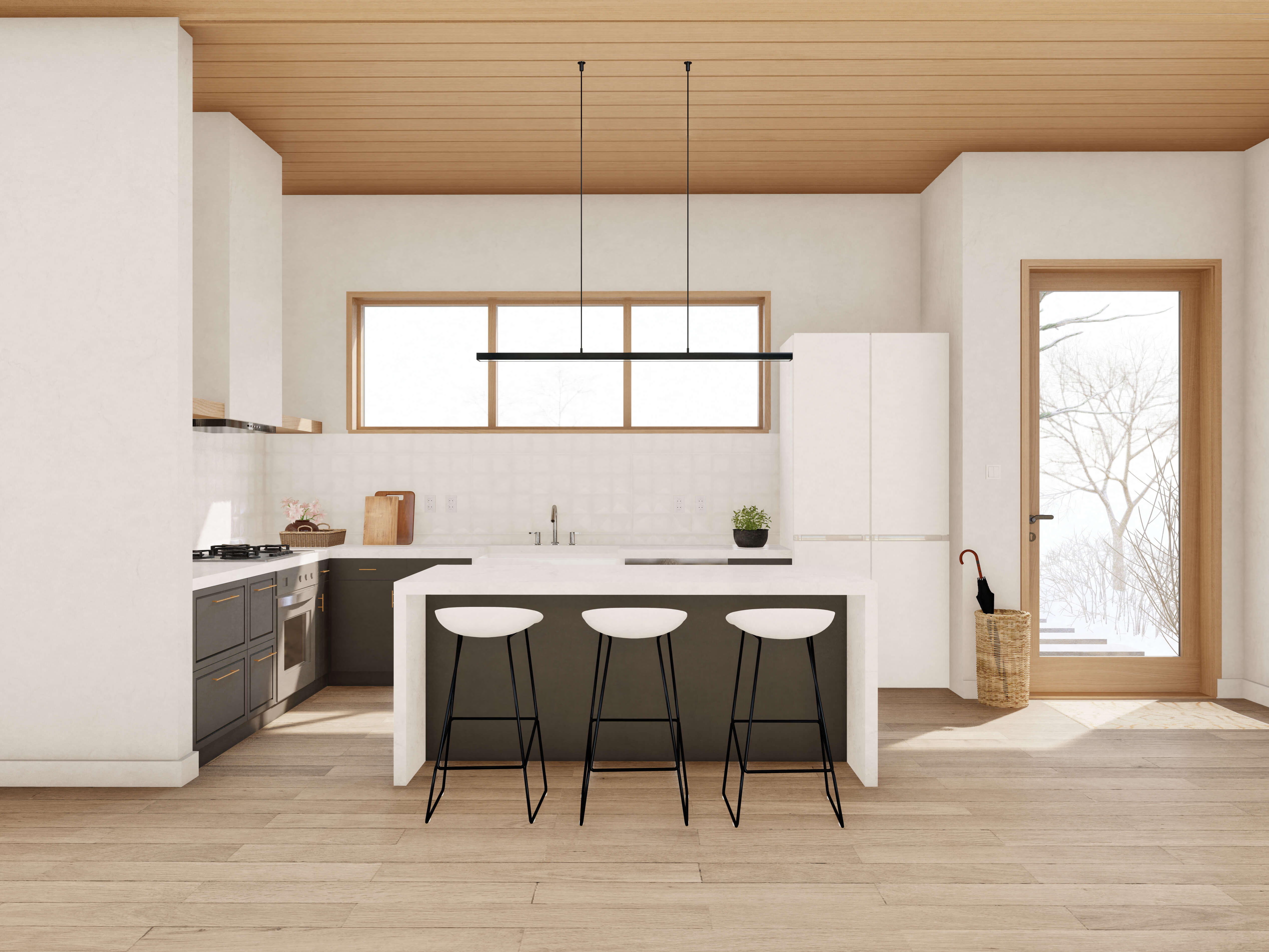 DesignwithFRANK's 2 Bedroom Modern Large Cabin. L shaped Kitchen with Island. White top and black cabinet carcass and doors