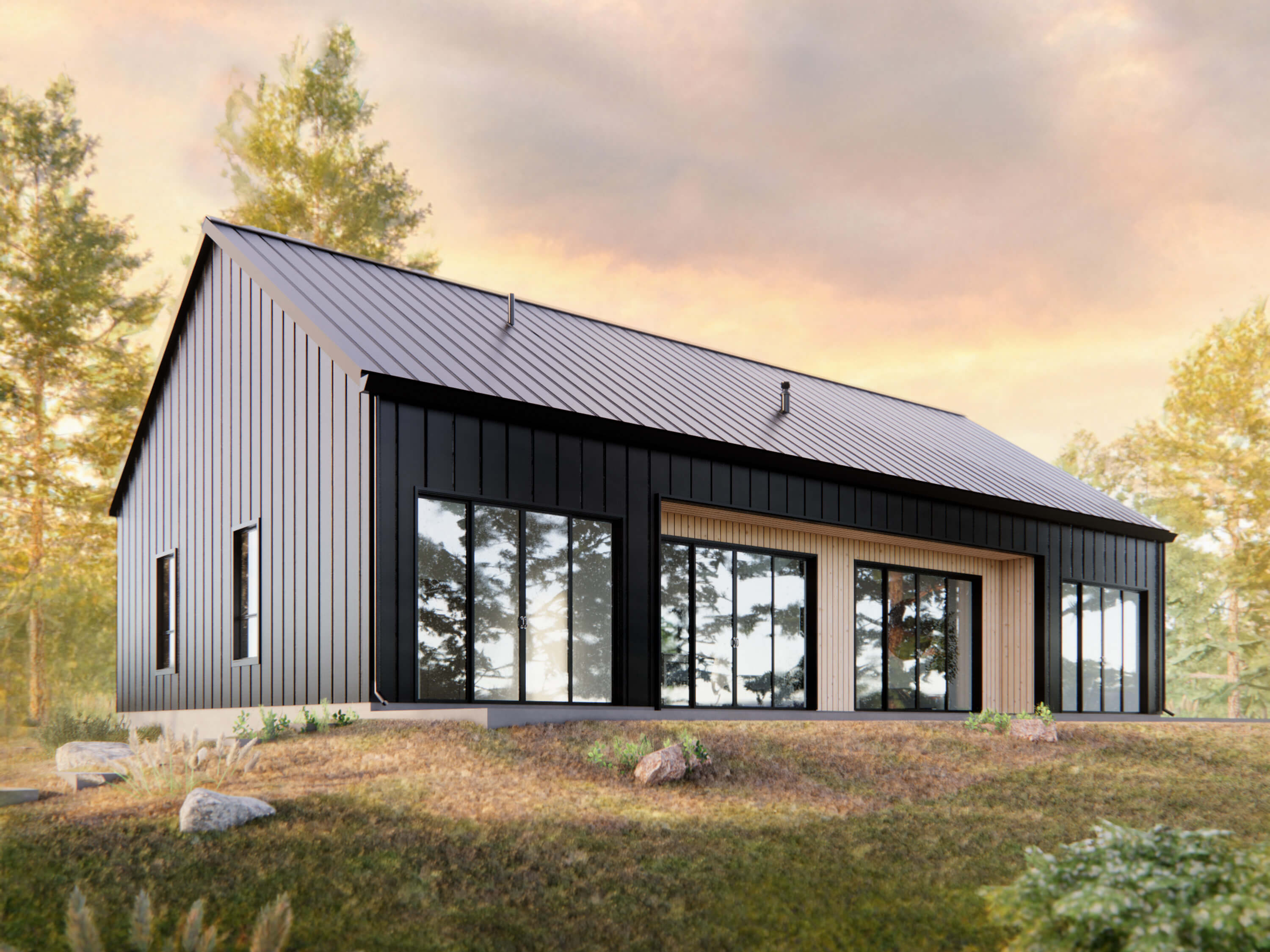DesignwithFRANK's 2 Bedroom Modern Large Cabin. Black Standing seam metal roof and siding with 4 sliding doors