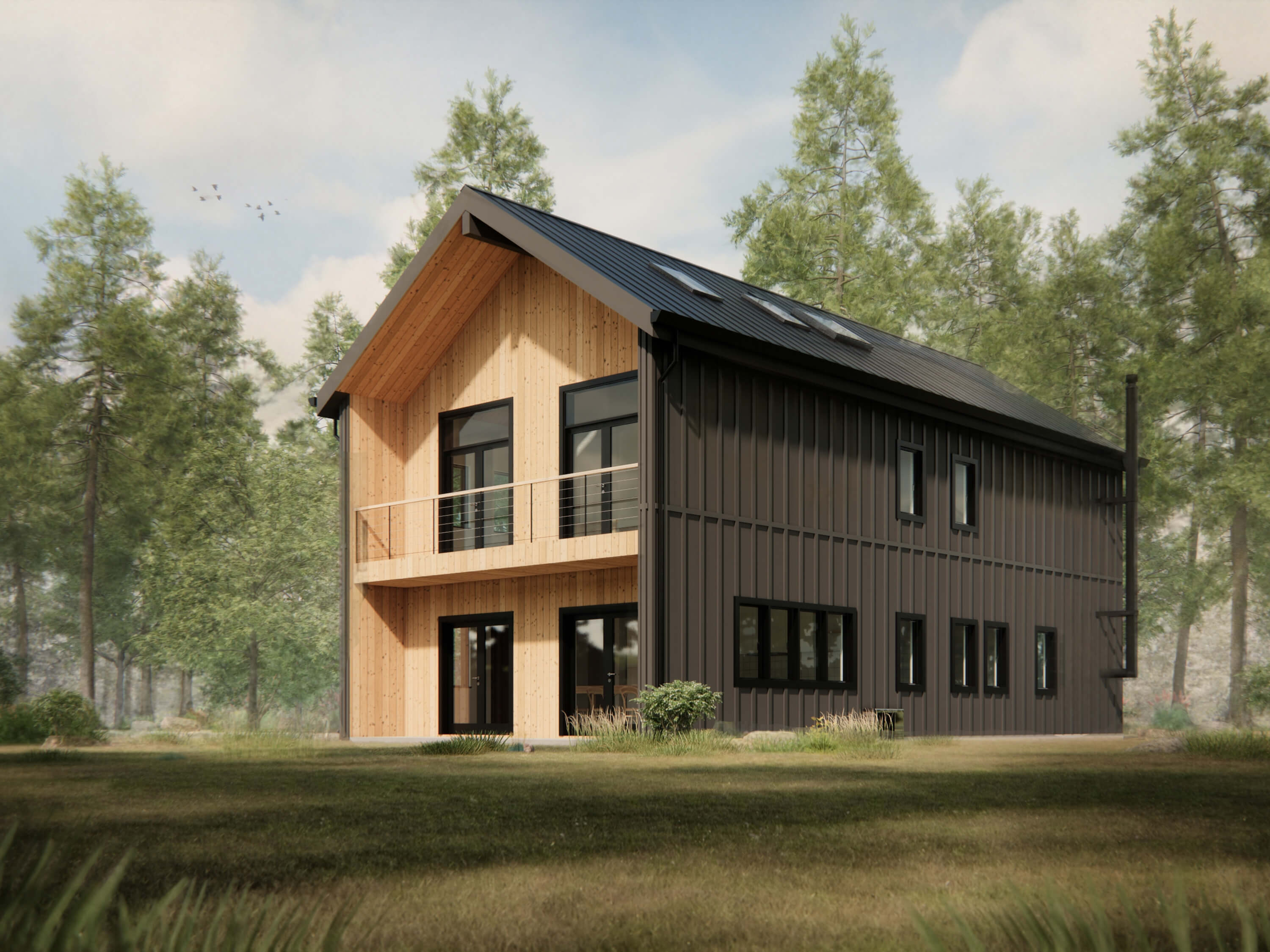 Modern Loft house with 3 bedroom. Black board and batten siding with wood accent. Black window frame