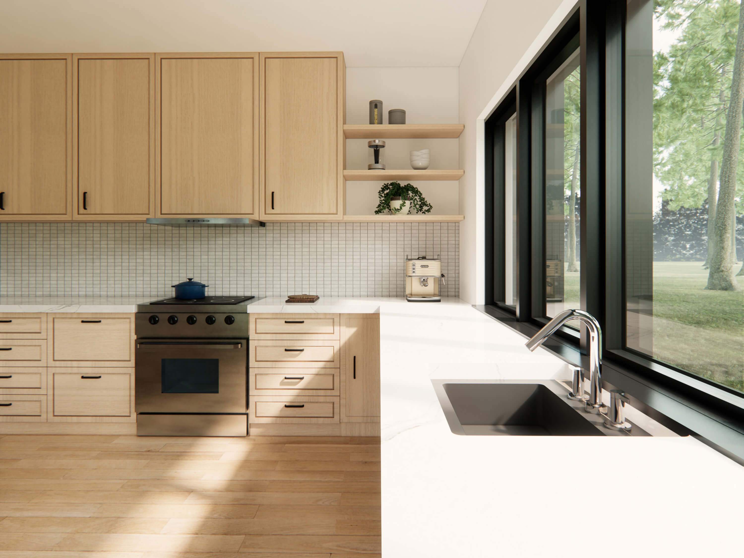 L-shape kicten with wooden cabinets, and large windows over the sinks