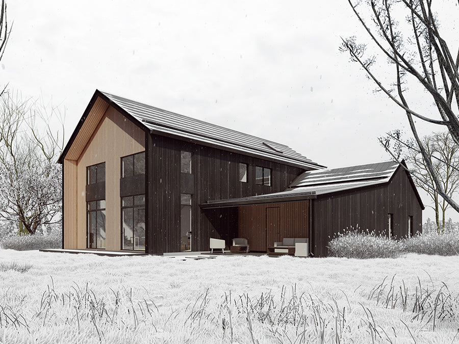 Design with Frank's Barndominium with black wood siding, black metal roof and attached garage