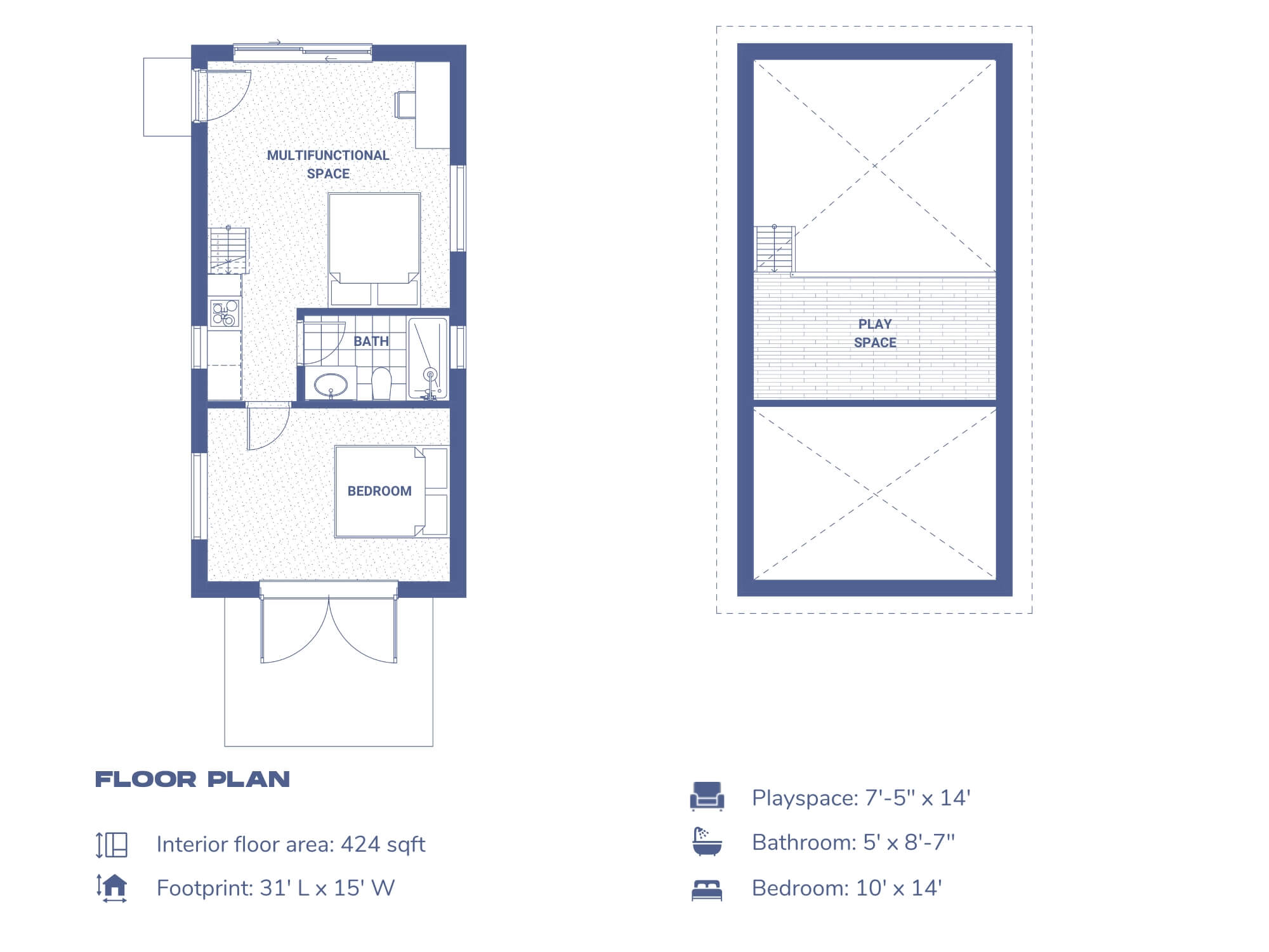 Floor Plan of DWF's 1BD Micro Cabin in Blue Presentation