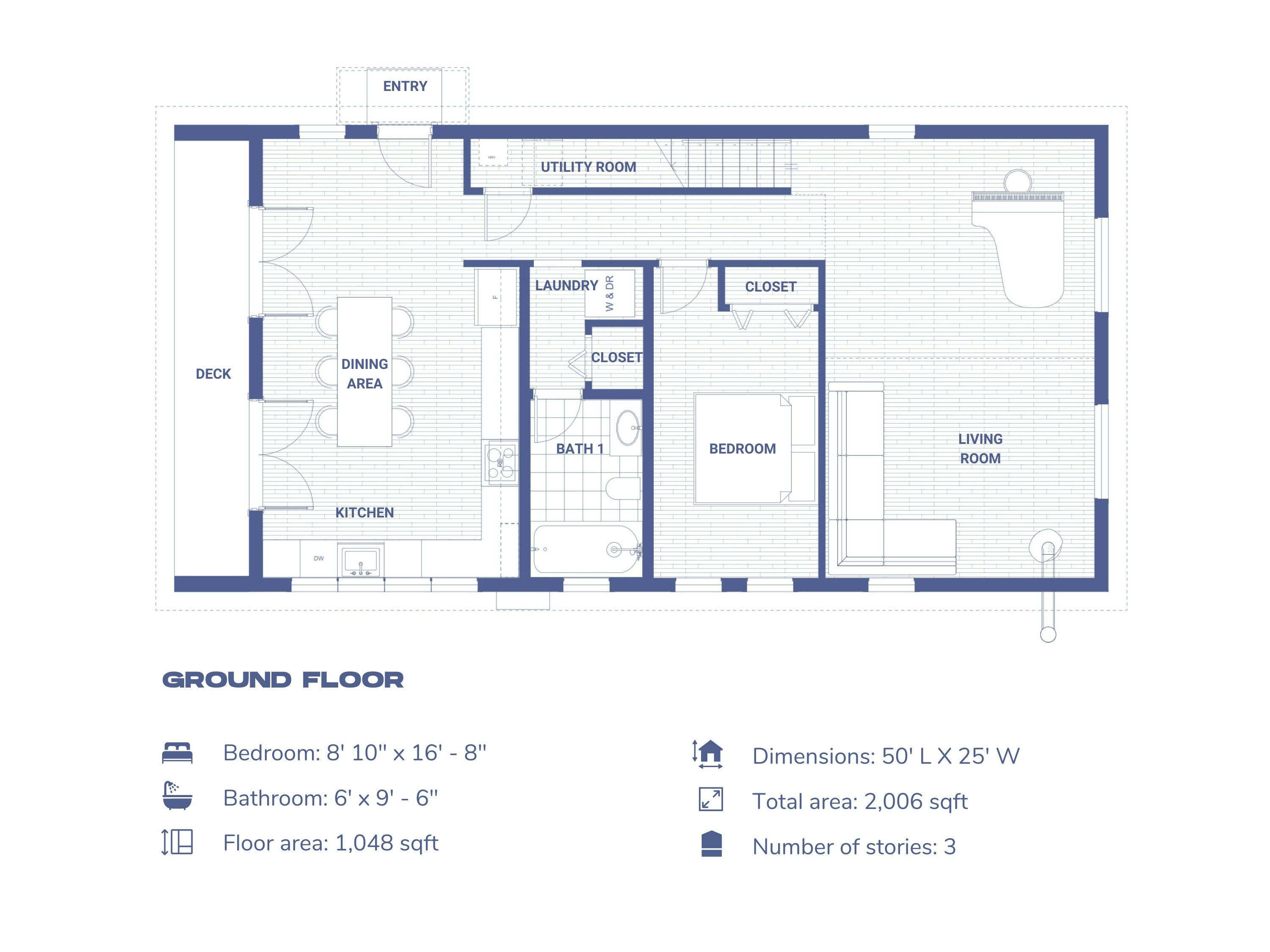 Ground floorplan of skyloft . ground floor includes bedroom, living room, dining room and entry