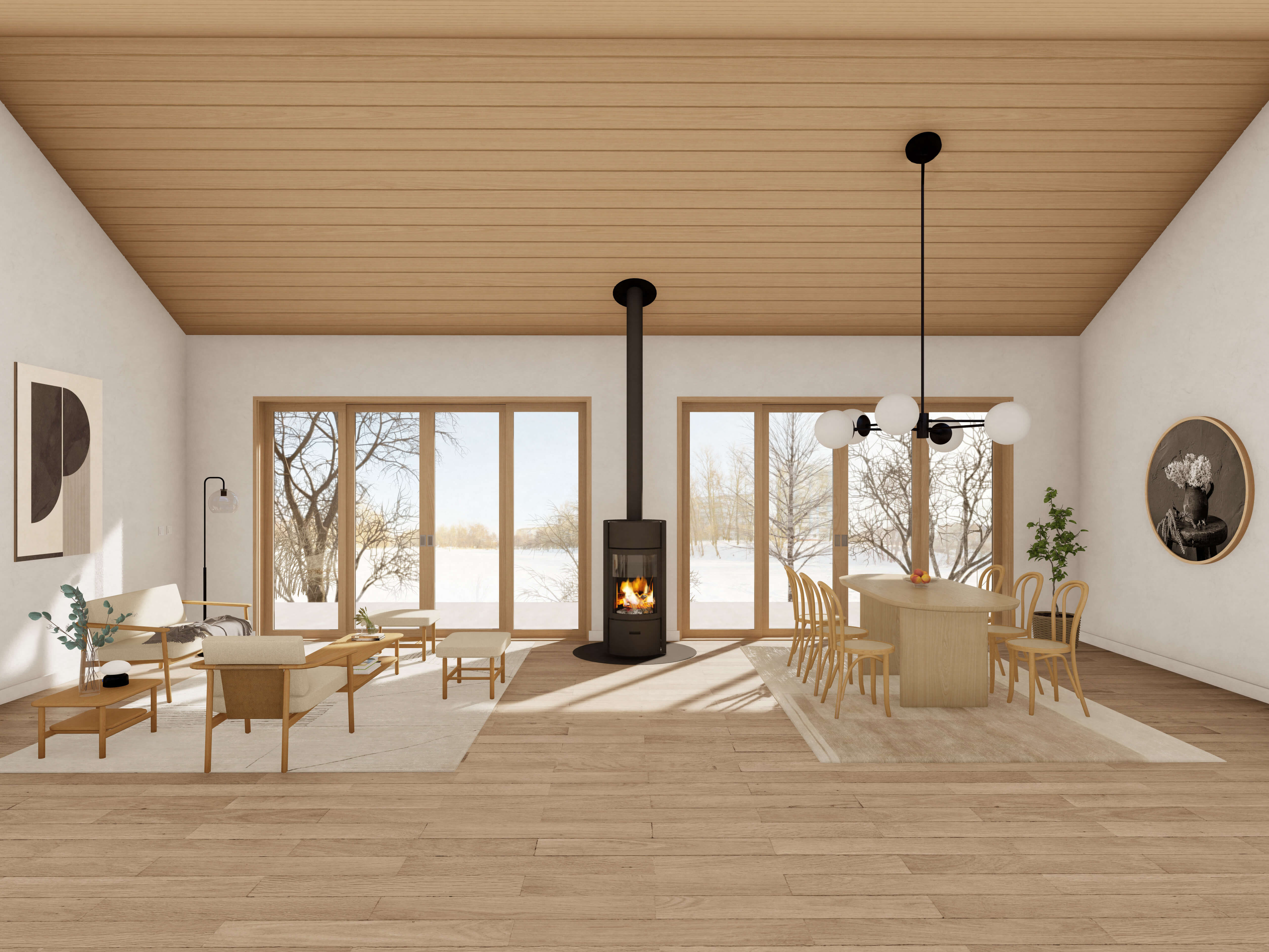 DesignwithFRANK's 2 Bedroom Modern Large Cabin. Open Plan Dining And Living. Wood Floor and ceiling with white walls