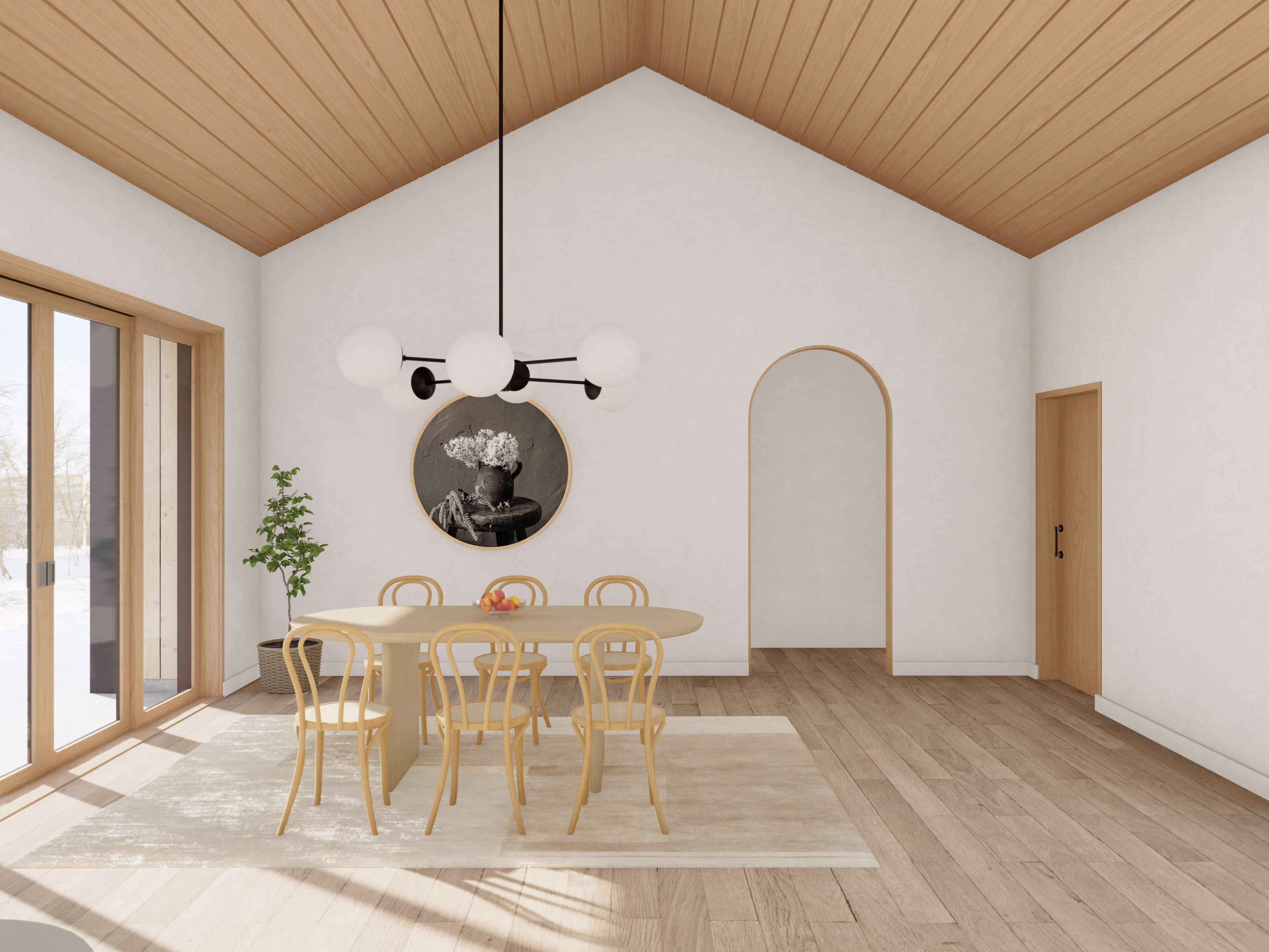 DesignwithFRANK's 2 Bedroom Modern Large Cabin. Open Plan Dining. Wood Floor and ceiling with white walls