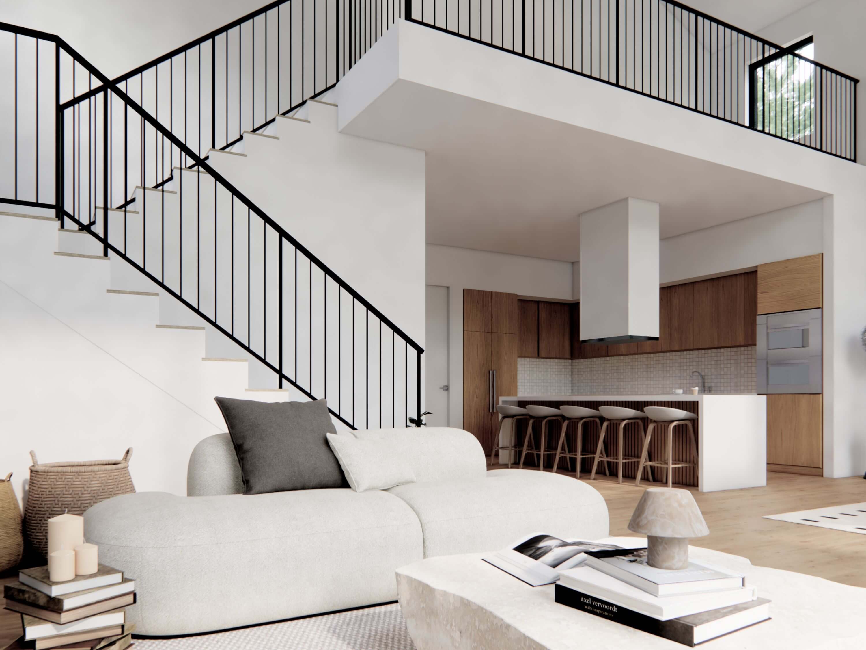 barndominium interior ideas: DWF 5BD Nordic Barndo Living Room, Kitchen and Loft Stair