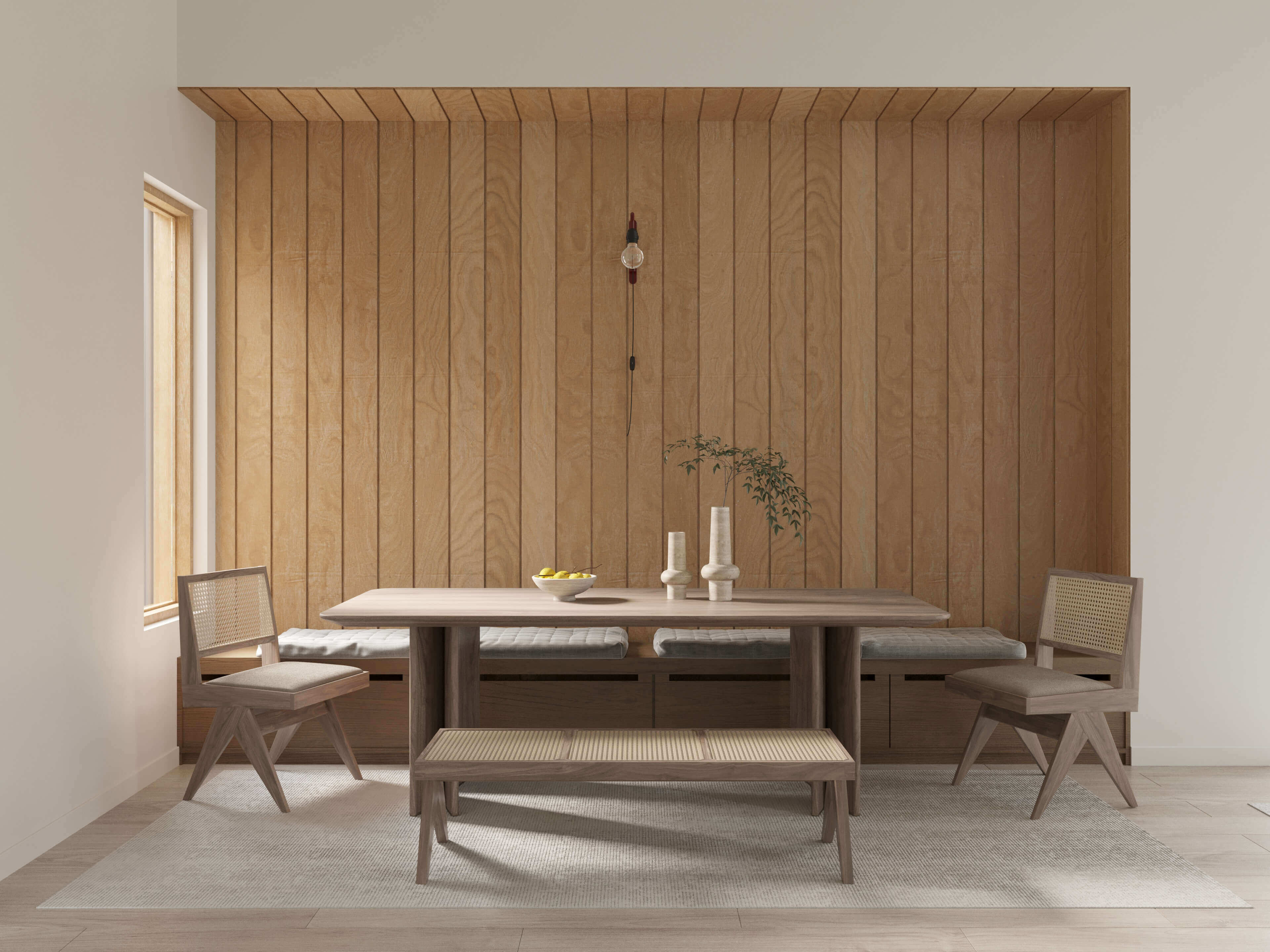 barndominium plans: DWF Twin Home Dining Interior with wood accents and furnitures