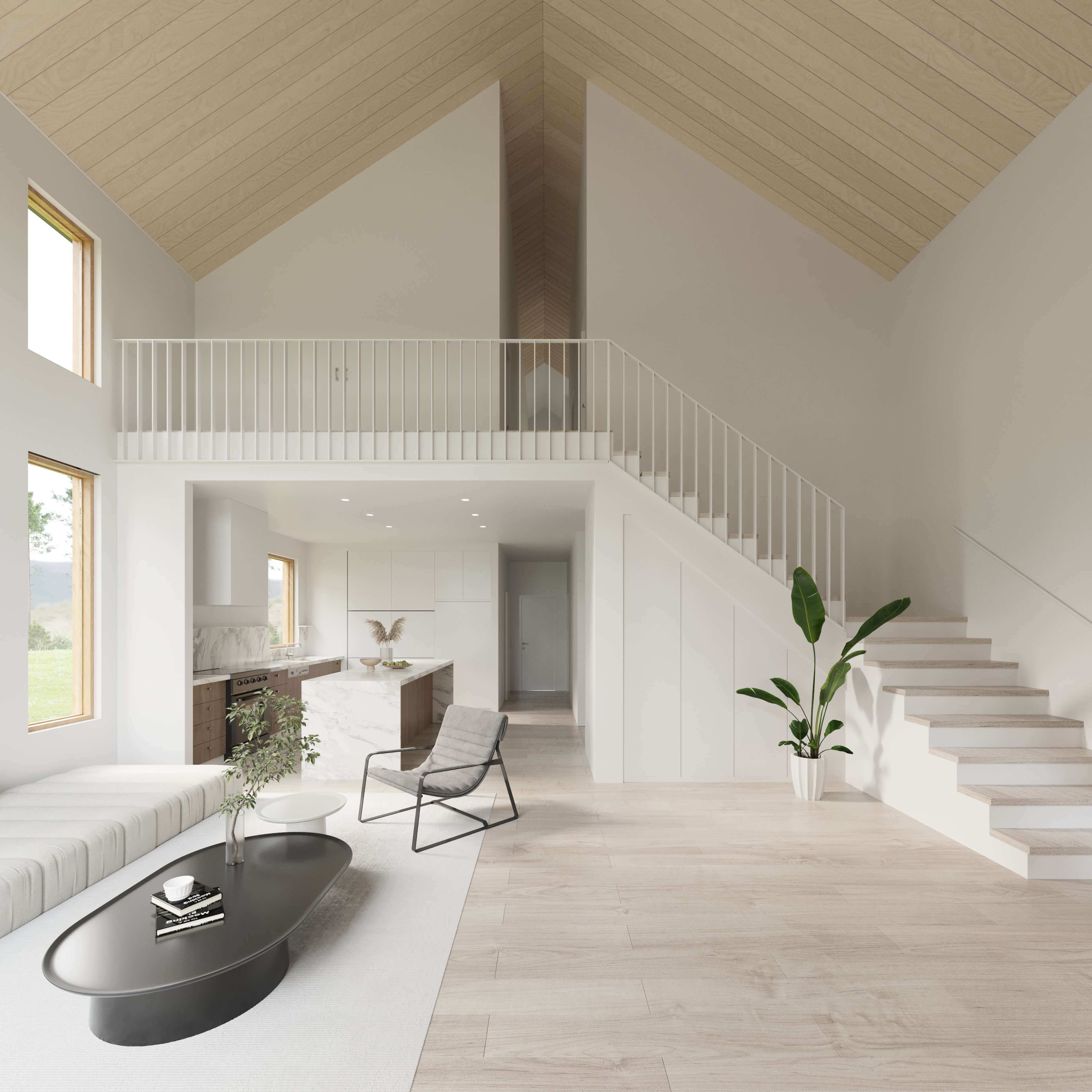 barndominium house plans: DWF Twin House Interior with High ceiling and Neutral Tone Interiors